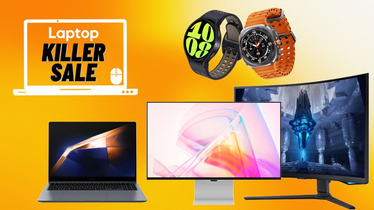 Samsung monitors, the Galaxy Book4 Ultra, and two Samsung Galaxy Watches in front of an orange background with a Laptop Mag deals icon