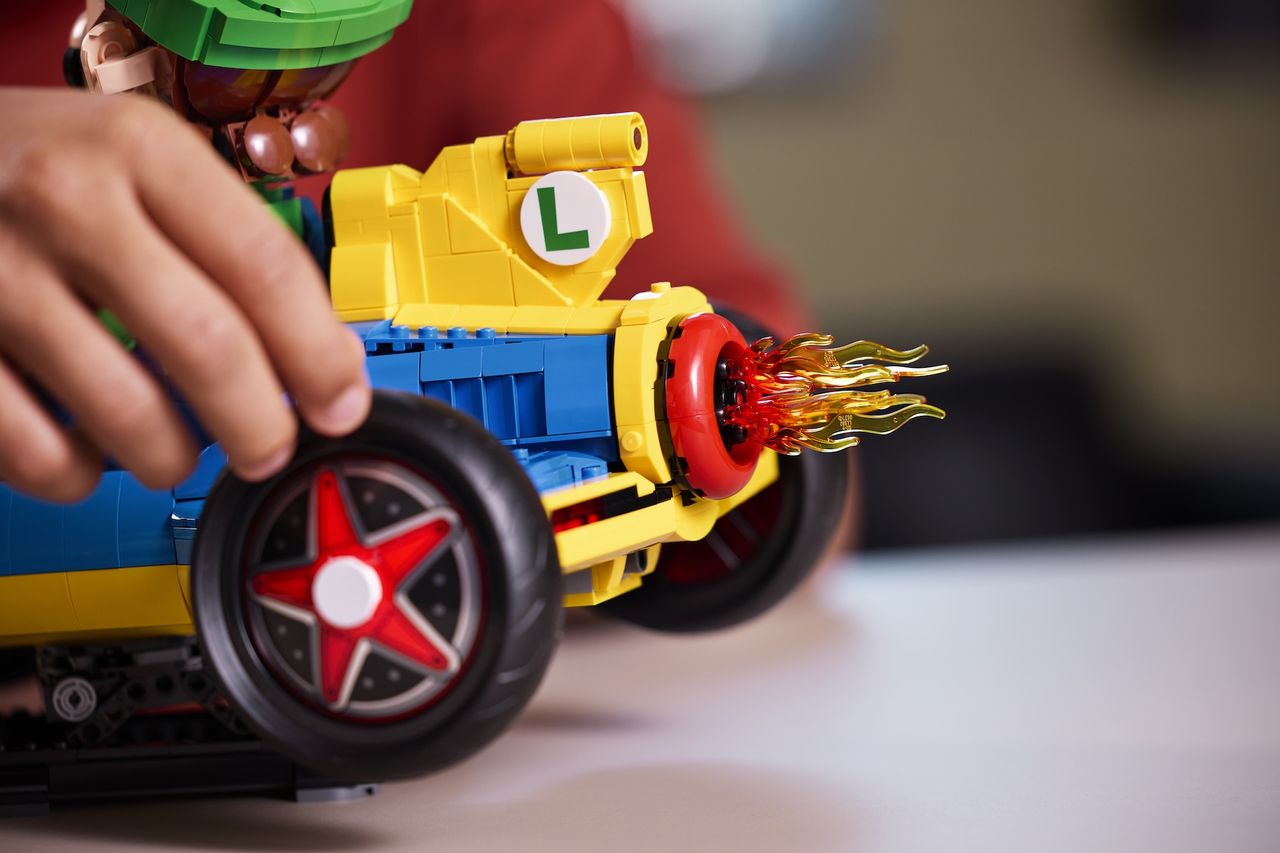Different angles of the LEGO Luigi Mario Kart set