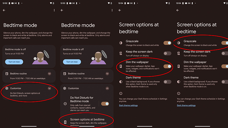 Android phone bedtime mode menu