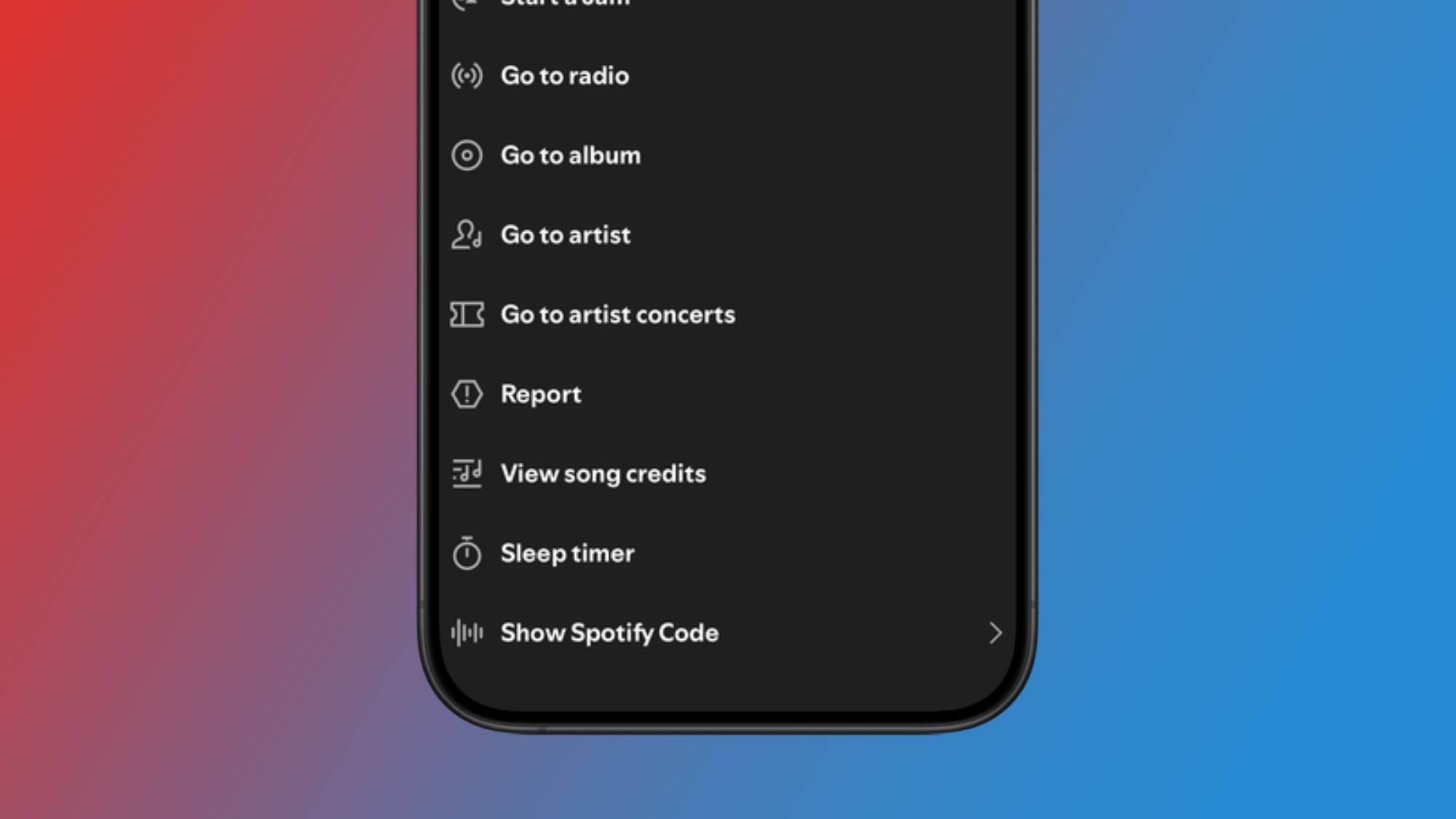 Spotify settings list with the Sleep Timer option