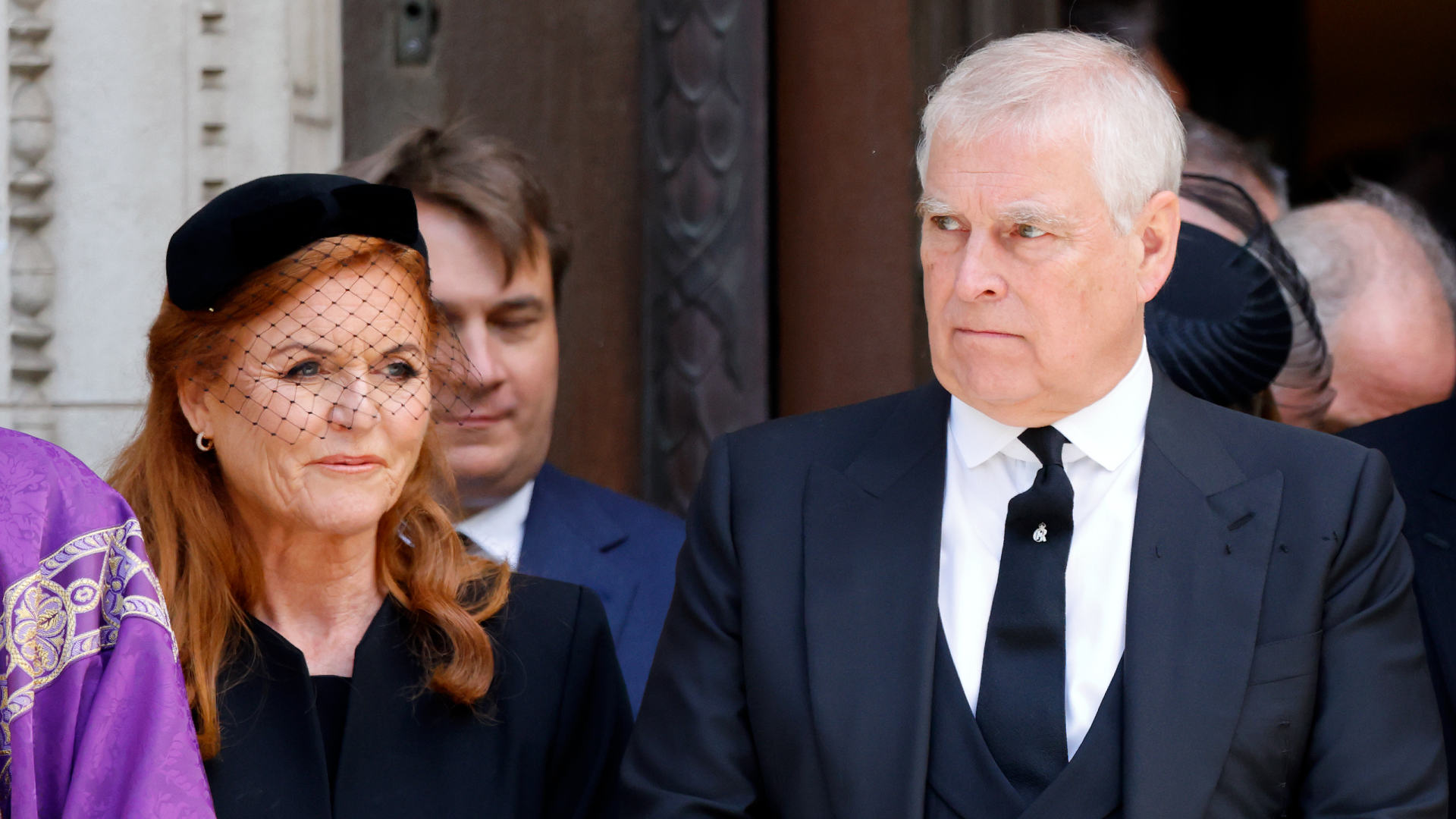 Sarah Ferguson and Prince Andrew wearing black clothing at the Duchess of Kent&#039;s funeral