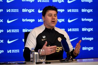 Head Coach Mauricio Pochettino of Chelsea during a press conference at Chelsea Training Ground on March 7, 2024 in Cobham, England