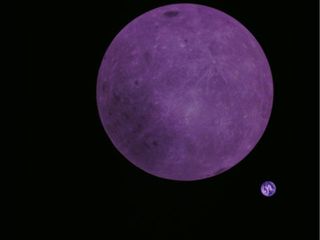 This is what Longjiang-2's image of the lunar far side looks like without color correction. The photo "has a purple haze to it due to the difficult photo environment in space," Tammo Jan Dijkema, an engineer with the Netherlands Institute for Radio Astronomy, told Space.com.