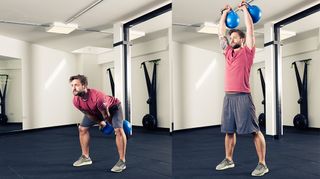 Man demonstrates two positions of the snatch exercise using two kettlebells