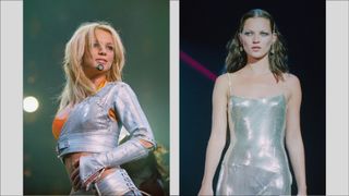 A template with an image of Britney Spears wearing a silver jumpsuit while performing in Paris in 2000/ alongside a picture of Kate Moss wearing a silver cocktail dress for the Diamonds Are Forever' fashion show, hosted by De Beers and Versace at Syon House in west London, 9th June 1999.
