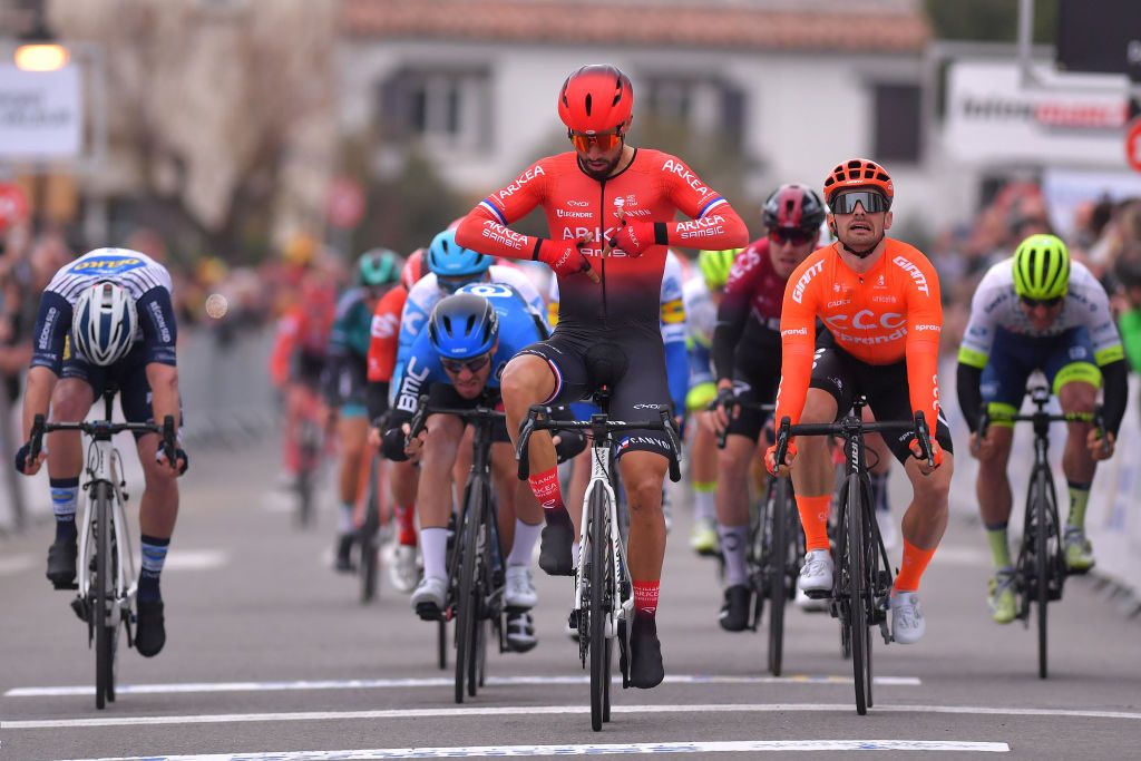 SAINTESMARIESDELAMER FRANCE FEBRUARY 13 Arrival Nacer Bouhanni of France and Team Arka Samsic Celebration Jakub Mareczko of Italy and CCC Team Giacomo Nizzolo of Italy and Team NTT Pro Cycling during the 5th Tour de La Provence 2020 Stage 1 a 1495km stage from Chteaurenard to SaintesMariesDeLaMer TDLP letourdelaprovence TDLP2020 on February 13 2020 in SaintesMariesDeLaMer France Photo by Luc ClaessenGetty Images