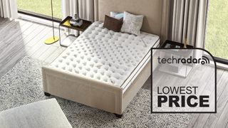 A Saatva Classic mattress in a bedroom, with a badge overlaid saying 'LOWEST PRICE'