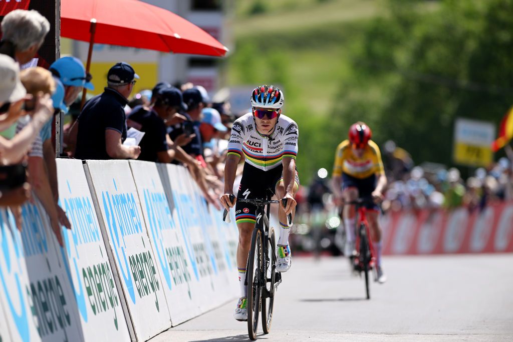 LEUKERBAD SWITZERLAND JUNE 14 Remco Evenepoel of Belgium and Team Soudal QuickStep crosses the finish line during the 86th Tour de Suisse 2023 Stage 4 a 1525km stage from Monthey to Leukerbad 1367m UCIWT on June 14 2023 in Leukerbad Switzerland Photo by Dario BelingheriGetty Images