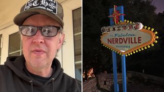 Joe Bonamassa issues an update from his home in Nerdville West; the Nerdville sign is on the right of the image. Bonamassa speaks into the camera on the left.