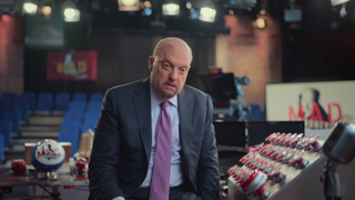 Financial TV personality Jim Cramer picture in his "Mad Money" TV studio for Eat the Rich: The GameStop Saga.