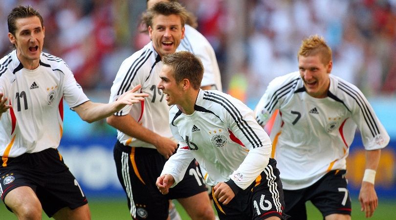 Philipp Lahm celebrates with his Germany team-mates after scoring against Costa Rica in the opening game of the 2006 World Cup.