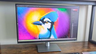 ASUS ProArt PA27JCV monitor on a desk and displaying Adobe Photoshop with a vibrant image of a bluejay. 