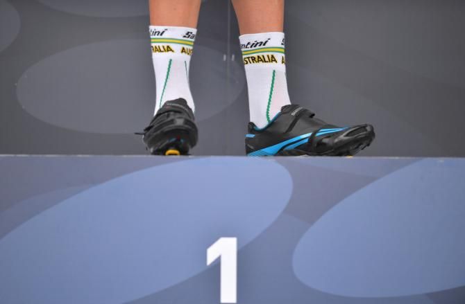The shoes of the U23 World Champion against the clock, Campbell Flakemore (Australia)