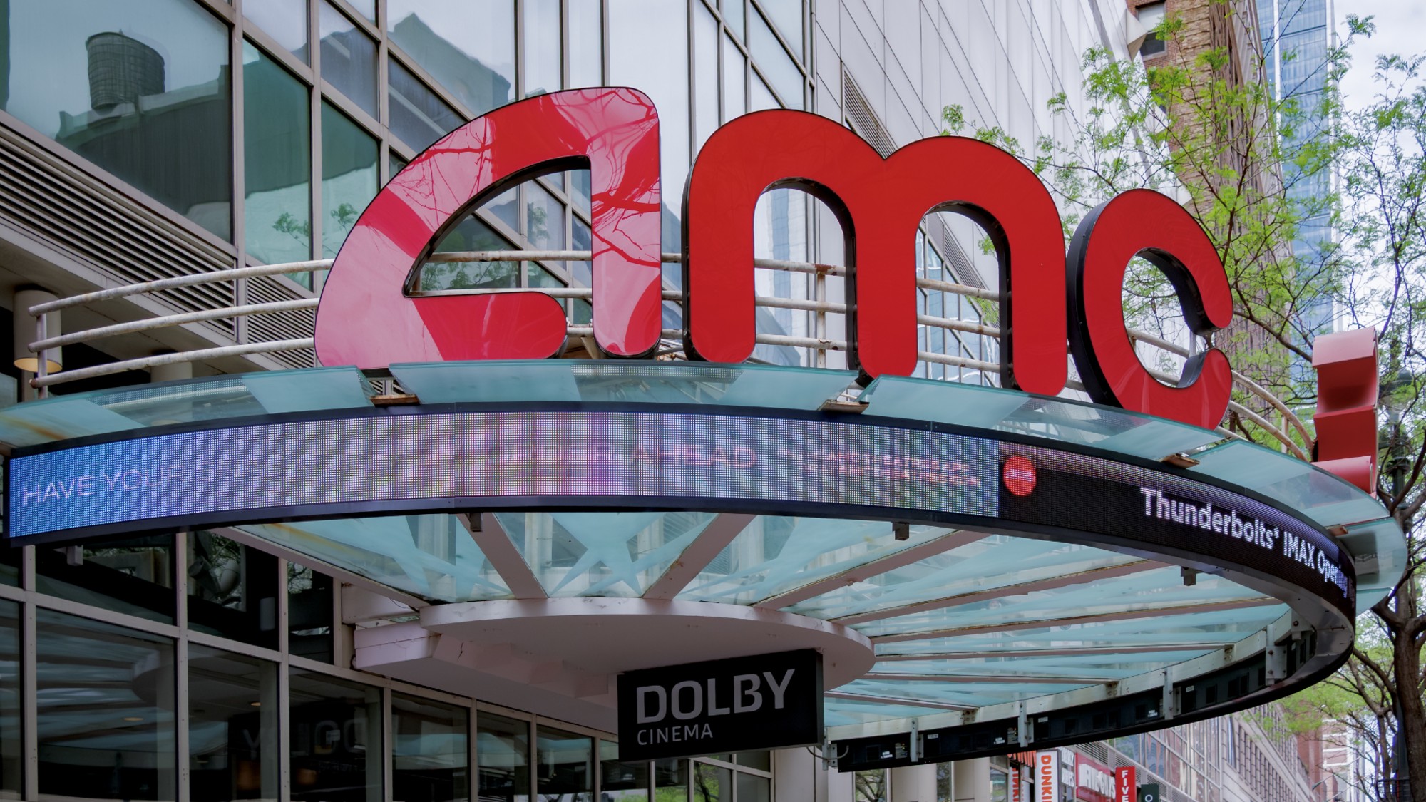 The exterior of an AMC movie theater is seen in Manhattan on May 1, 2025.