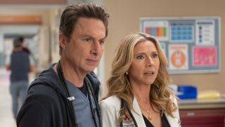 Zach Braff and Sarah Chalke in Season 2 Scrubs premiere episode, “My Mentee”