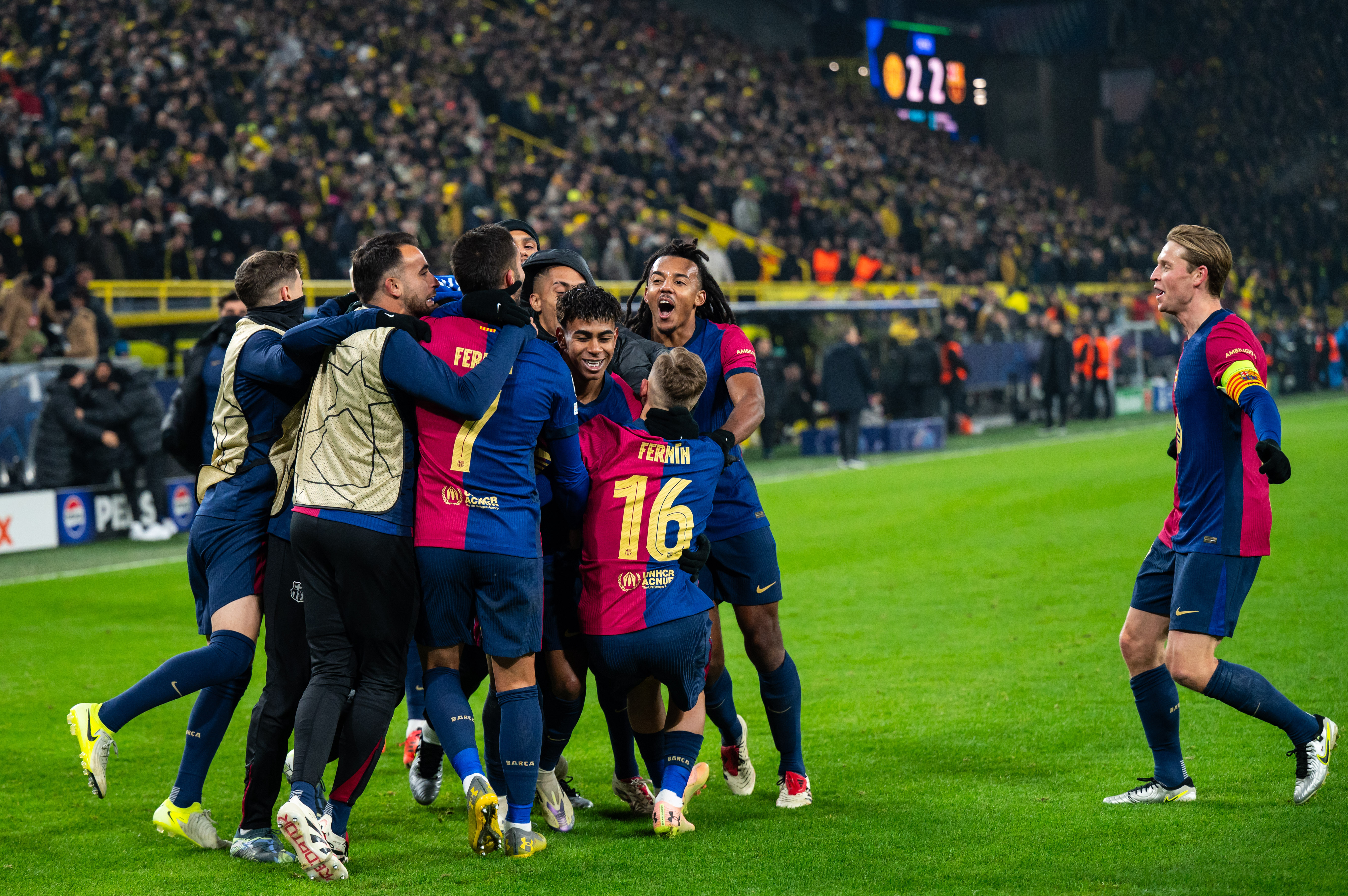 Ferran Torres celebrates after scoring Barcelona's third goal against Borussia Dortmund in the Champions League in December 2024.