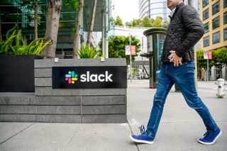 Slack logo on a sign outside its San Francisco offices