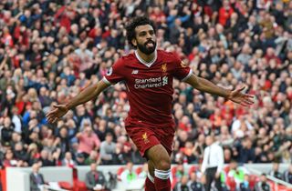 Mohamed Salah celebrates a goal for Liverpool against Burnley in September 2017.