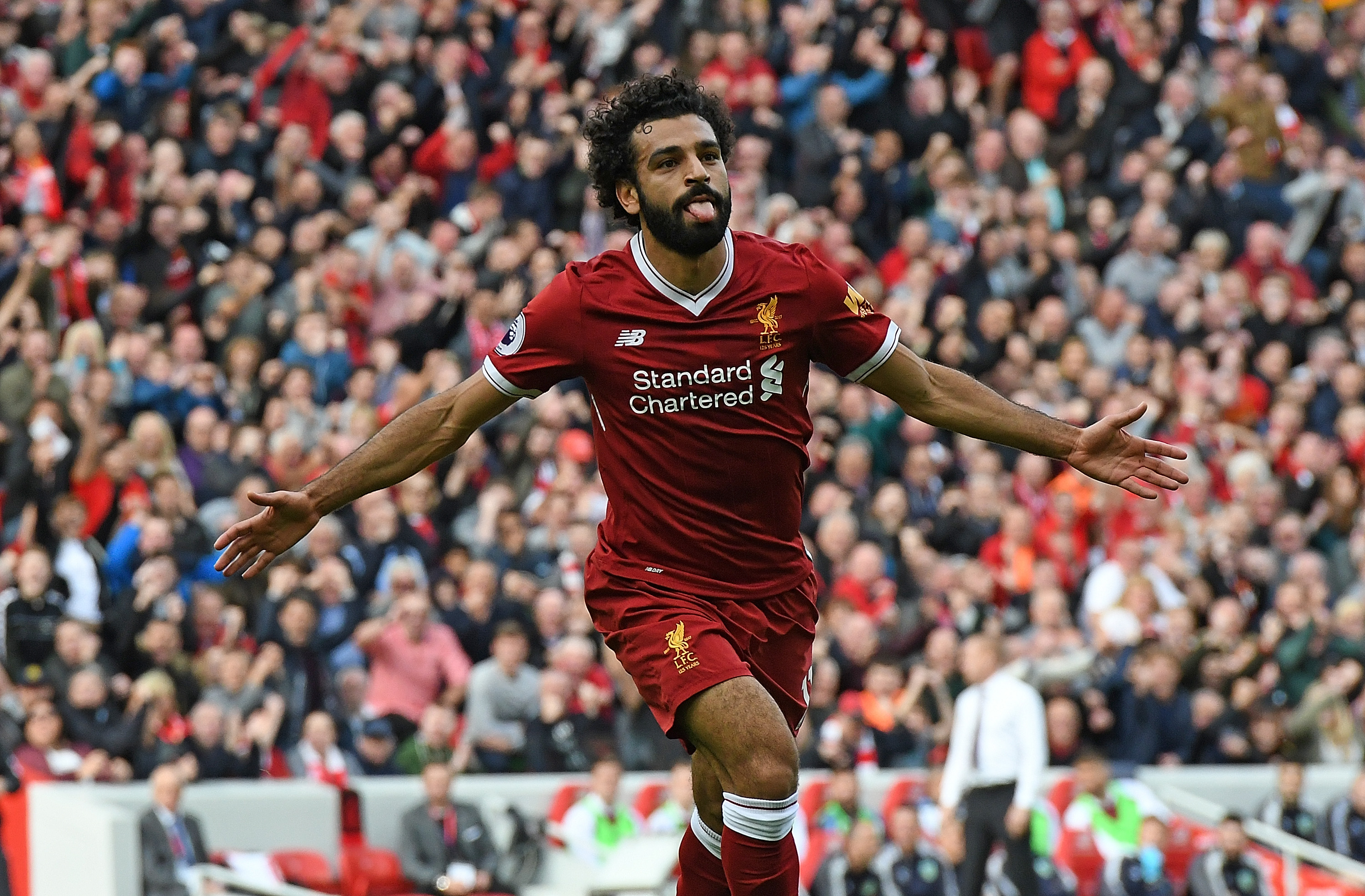 Mohamed Salah celebrates a goal for Liverpool against Burnley in September 2017.