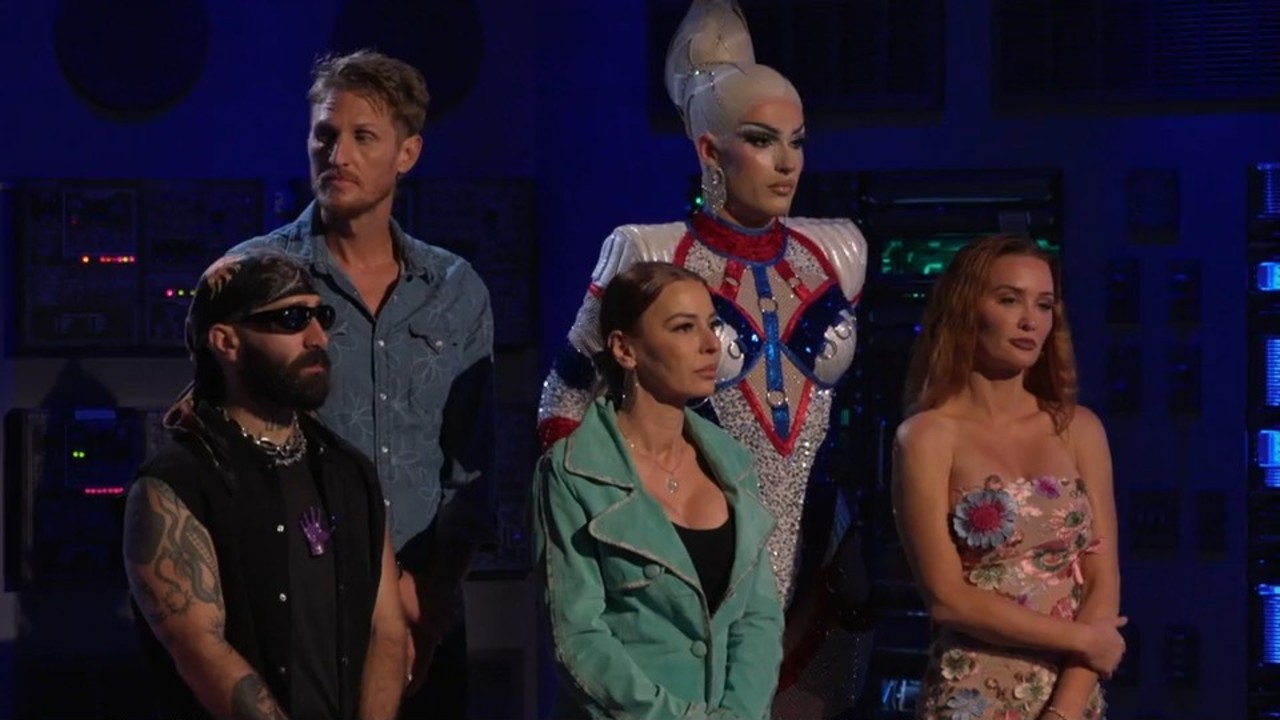 Plane Jane, Paul Abrahamian, Ashley Mitchell, Drita D'Avanzo, and Tyson Apostol standing together in House of Villains Season 3.