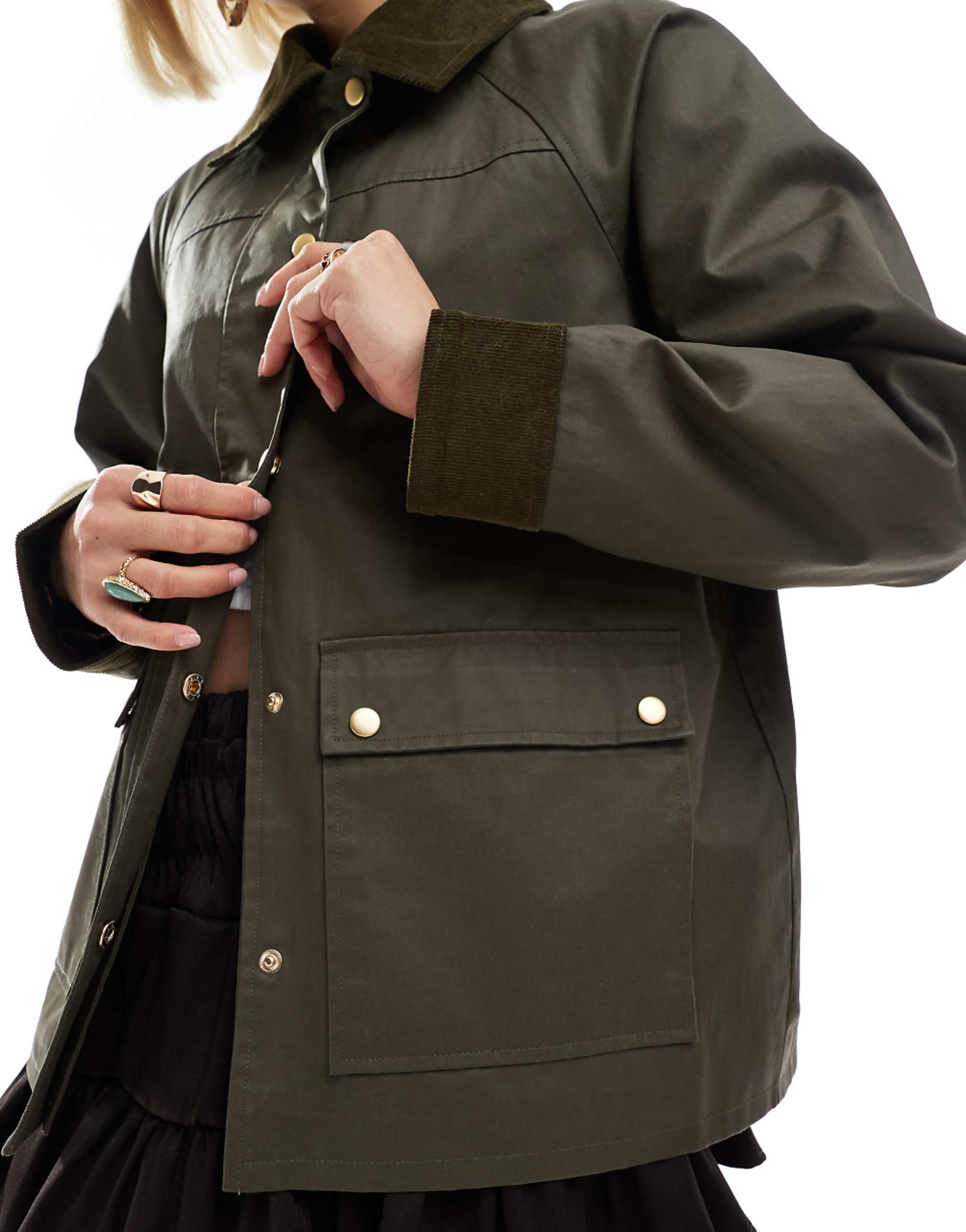Asos Design Cord Top Collar Waxed Jacket in Olive