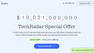 The Aura Identity Theft Protection special offer from TechRadar, with text referencing a study that found $10 billion is lost to identity theft every year.