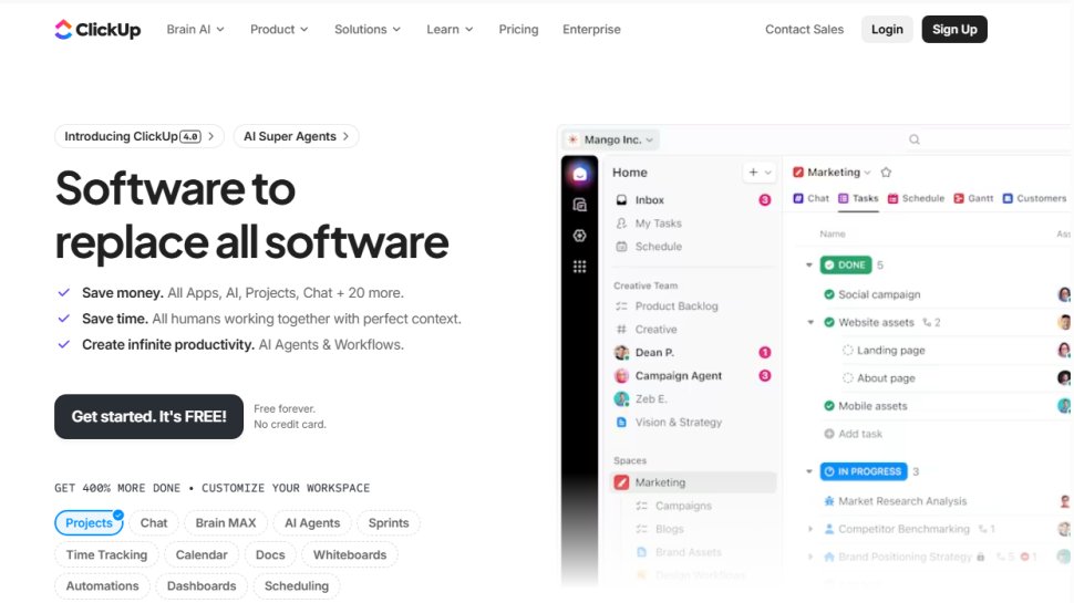 Website screenshot of ClickUp (February, 2026)