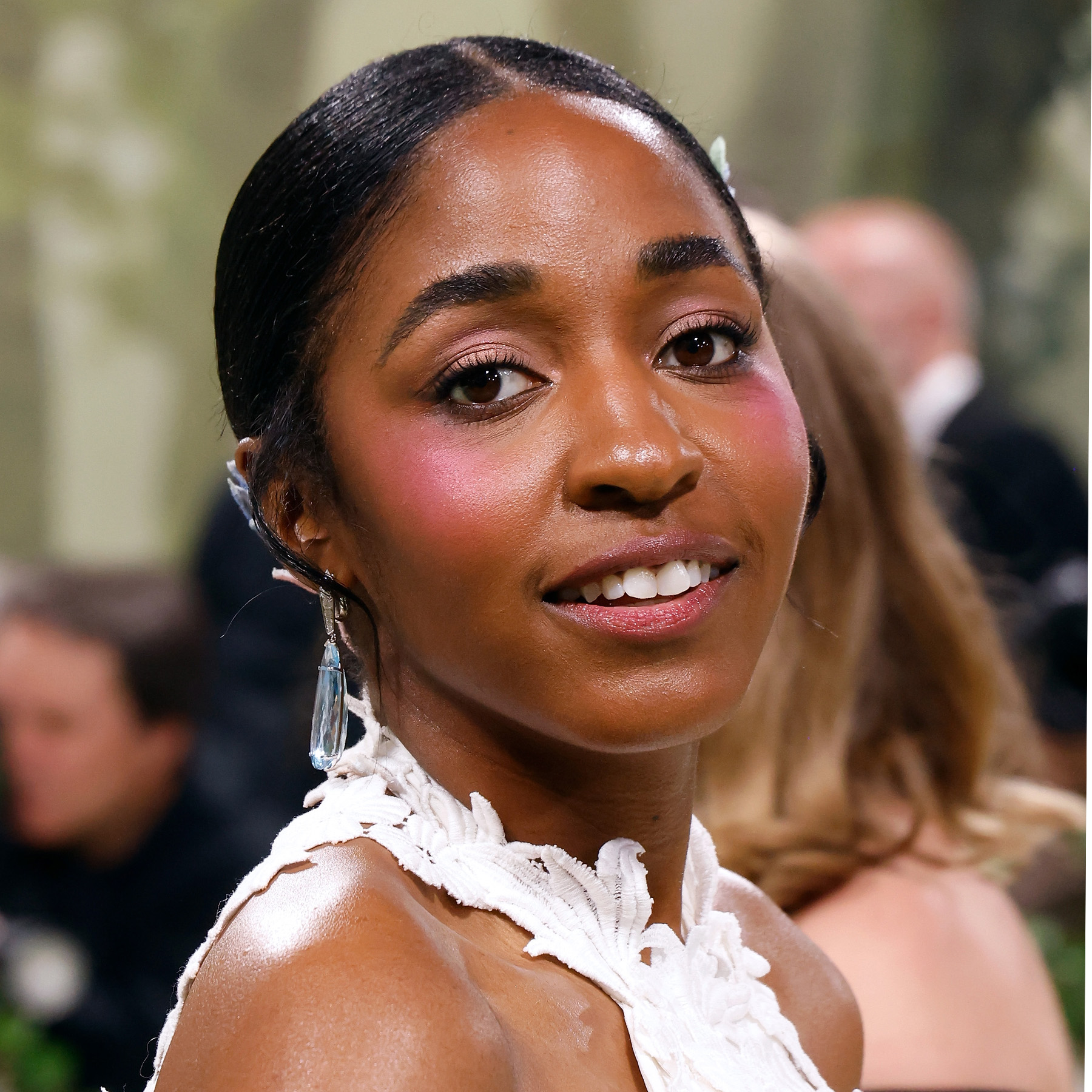 Ayo Edebiri attends the "Sleeping Beauties: Reawakening Fashion" Met Gala with petal pink cheeks, lips, and eyeshadow