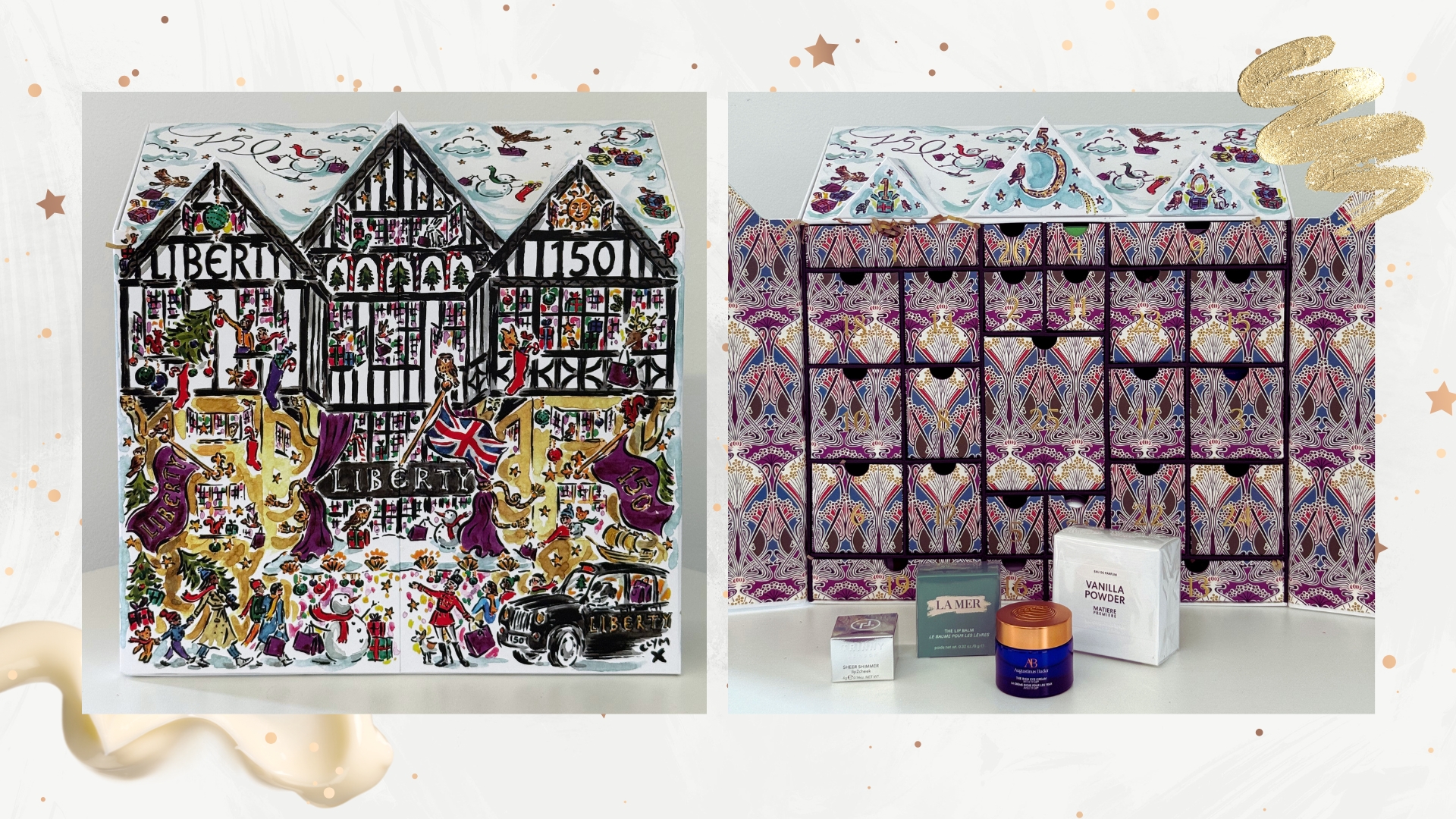 Collage of images showing the Liberty Beauty Advent Calendar 2025 closed on the left, and open with four of its contents in front on the right, on a white background with gold star sparkles, a gold glitter swatch and a cream swatch