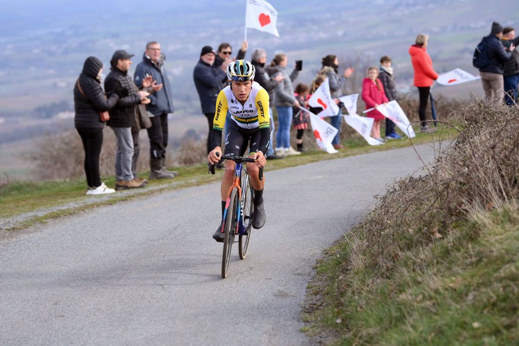 MONT BROUILLY FRANCE MARCH 06 Luke Plapp of Australia and Team Jayco AlUla attacks during the 82nd Paris Nice 2024 Stage 4 a 183km stage from ChalonsurSane to Mont Brouilly 476m UCIWT on March 06 2024 in Mont Brouilly France Photo by Alex BroadwayGetty Images