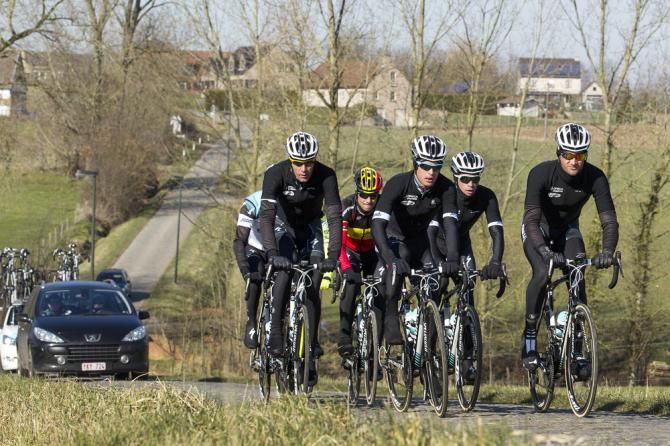 Omega Pharma-Quick Step riders preview the Haaghoek pave sector.