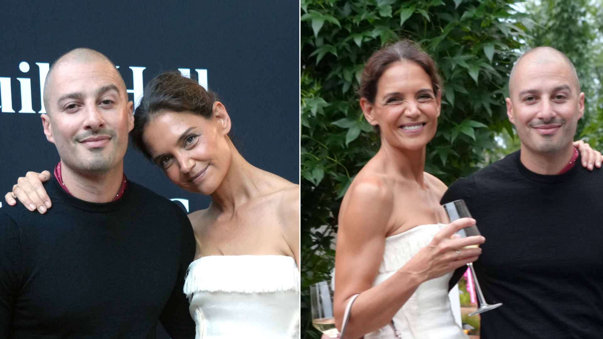 Katie Holmes wears a strapless white dress and carries a soft leather bag while posing with boyfriend Jason Bard Yarmosky at the 2026 Guild Hall Summer Gala on August 7, 2026