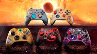 Image of the five Redfall Limited Edition Xbox Design Lab controllers.