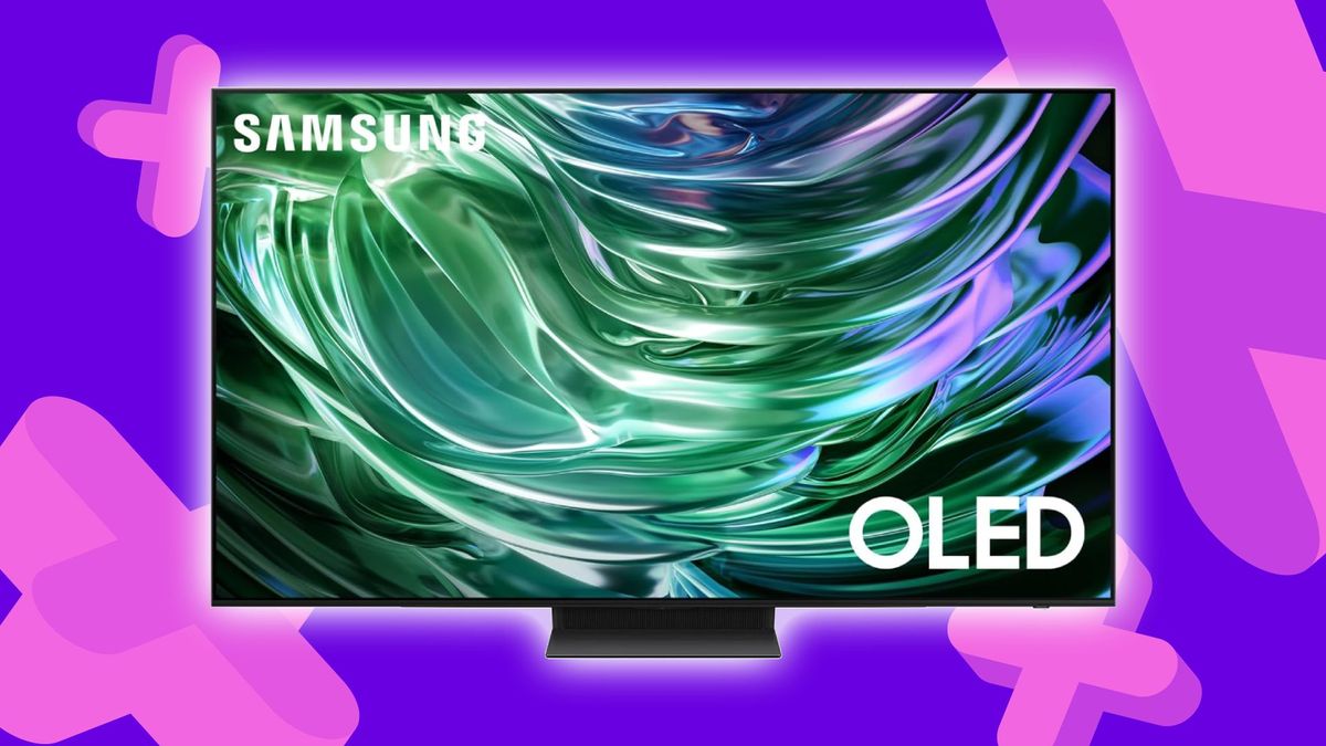 Samsung QN55S90D with purple backdrop surrounded by GamesRadar+ symbols