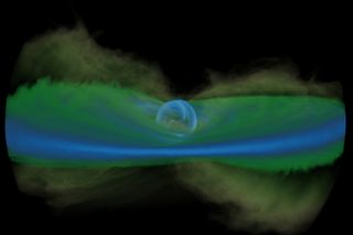 simulation of supermassive black holes consuming gaseous disks. mostly green and blue.