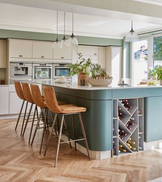 modern kitchen with leather bar stools