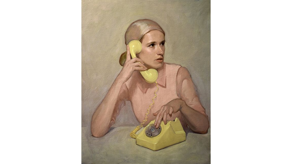 portrait painters; a woman holds a yellow telephone