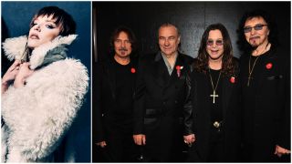 Lzzy Hale next to a photo of Black Sabbath at a press event