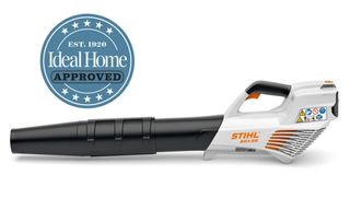 Stihl BGA 56 leaf blower with Ideal Home Approved logo