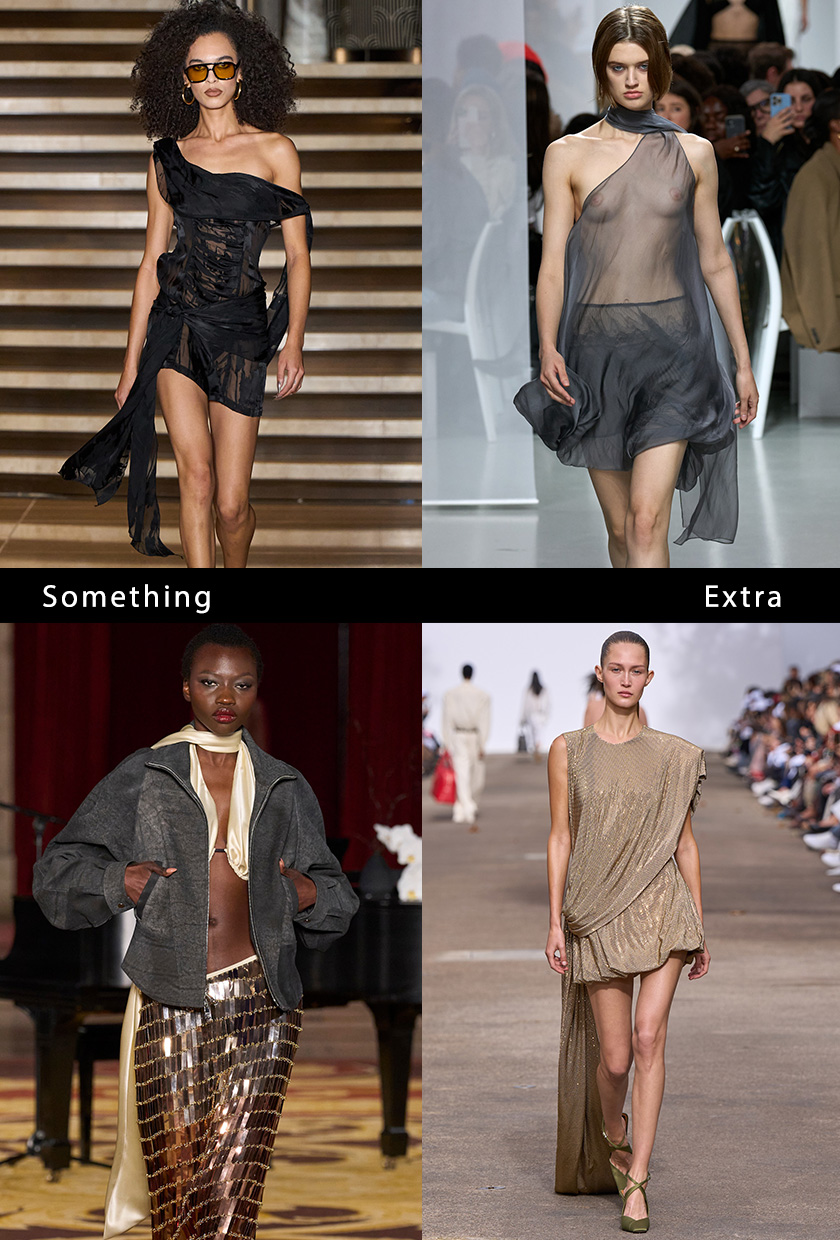 party trends of 2025 shown in a collage of models wearing the scarf and train trend in the fall and spring runway collections of Kim Shui, Christopher Esber, Stella McCartney, and LaQuan Smith