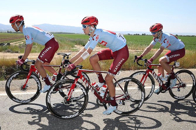 A bandaged Steff Cras leads Katusha teammate Nathan Haas on stage 1 of the 2019 Tour of California