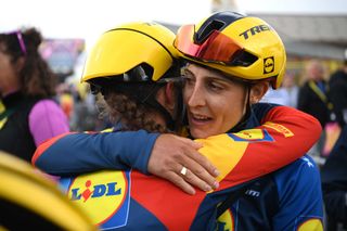 ALPE DHUEZ FRANCE AUGUST 18 LR Shirin Van Anrooij of The Netherlands and Lucinda Brand of The Netherlands and Team Lidl Trek react after the 3rd Tour de France Femmes 2024 Stage 8 a 1499km stage from Le GrandBornand to Alpe dHuez 1828m UCIWWT on August 18 2024 in Alpe dHuez France Photo by Alex BroadwayGetty Images