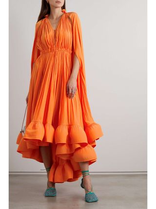 Cape-Effect Tie-Detailed Ruffled Charmeuse Dress