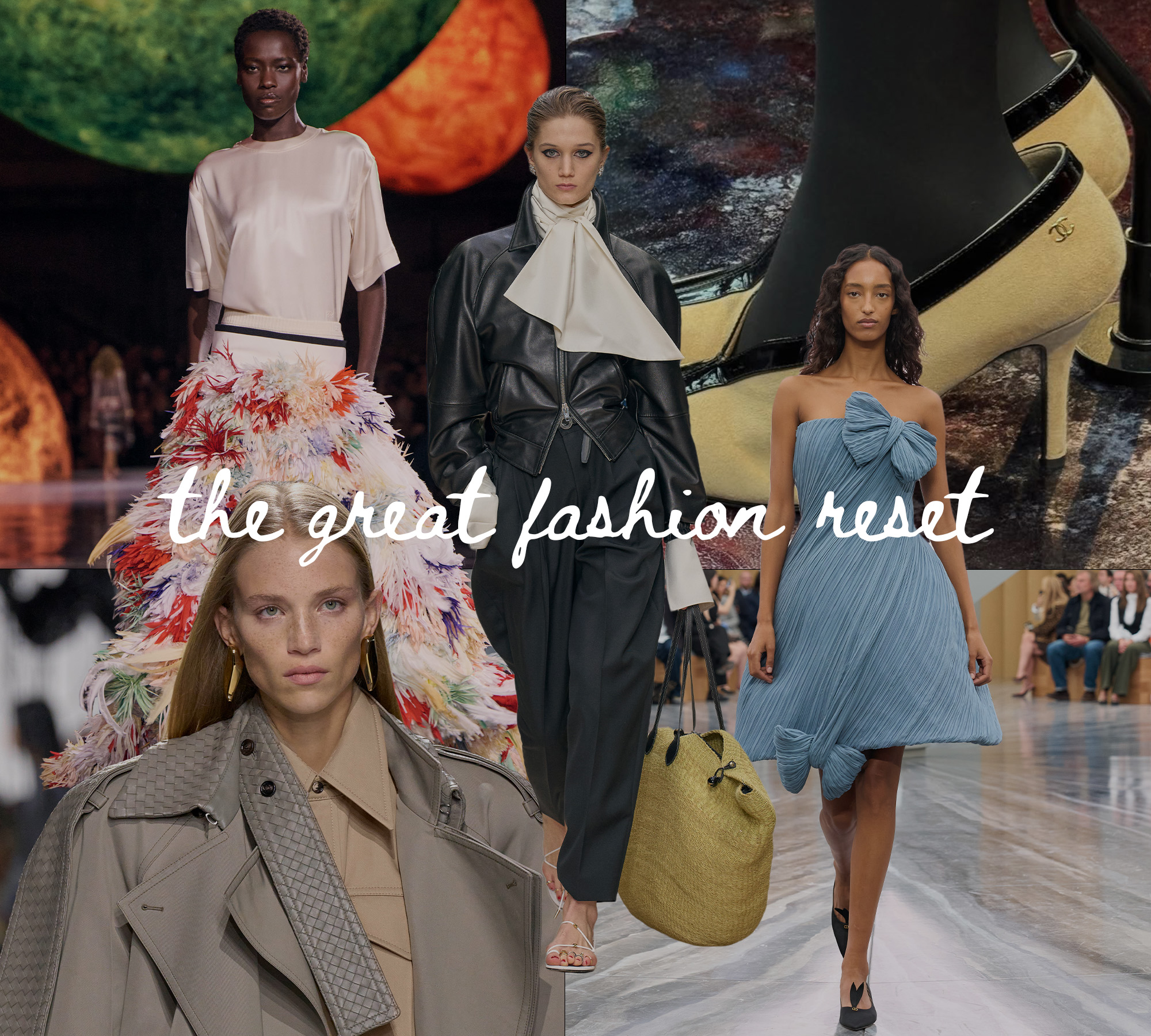 A collage of runway and influencer imagery featuring the biggest style shifts in 2026 fashion.