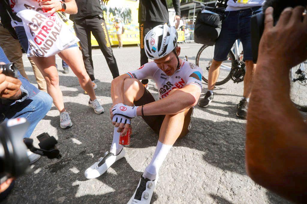 CH&Atilde;TEL - LES PORTES DU SOLEIL, FRANCE - JULY 10: Bob Jungels of Luxembourg and AG2R Citr&Atilde;&para;en Team celebrates winning during the 109th Tour de France 2022, Stage 9 a 192,9km stage from Aigle to Ch&Atilde;&cent;tel les portes du Soleil 1299m / #TDF2022 / #WorldTour / on July 10, 2022 in Ch&Atilde;&cent;tel les portes du Soleil, France. (Photo by Yoan Valat - Pool/Getty Images)