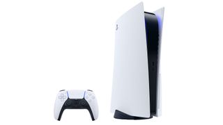 Playstation 5 in white with a blakc strip down the side of the machine plus a remote control.