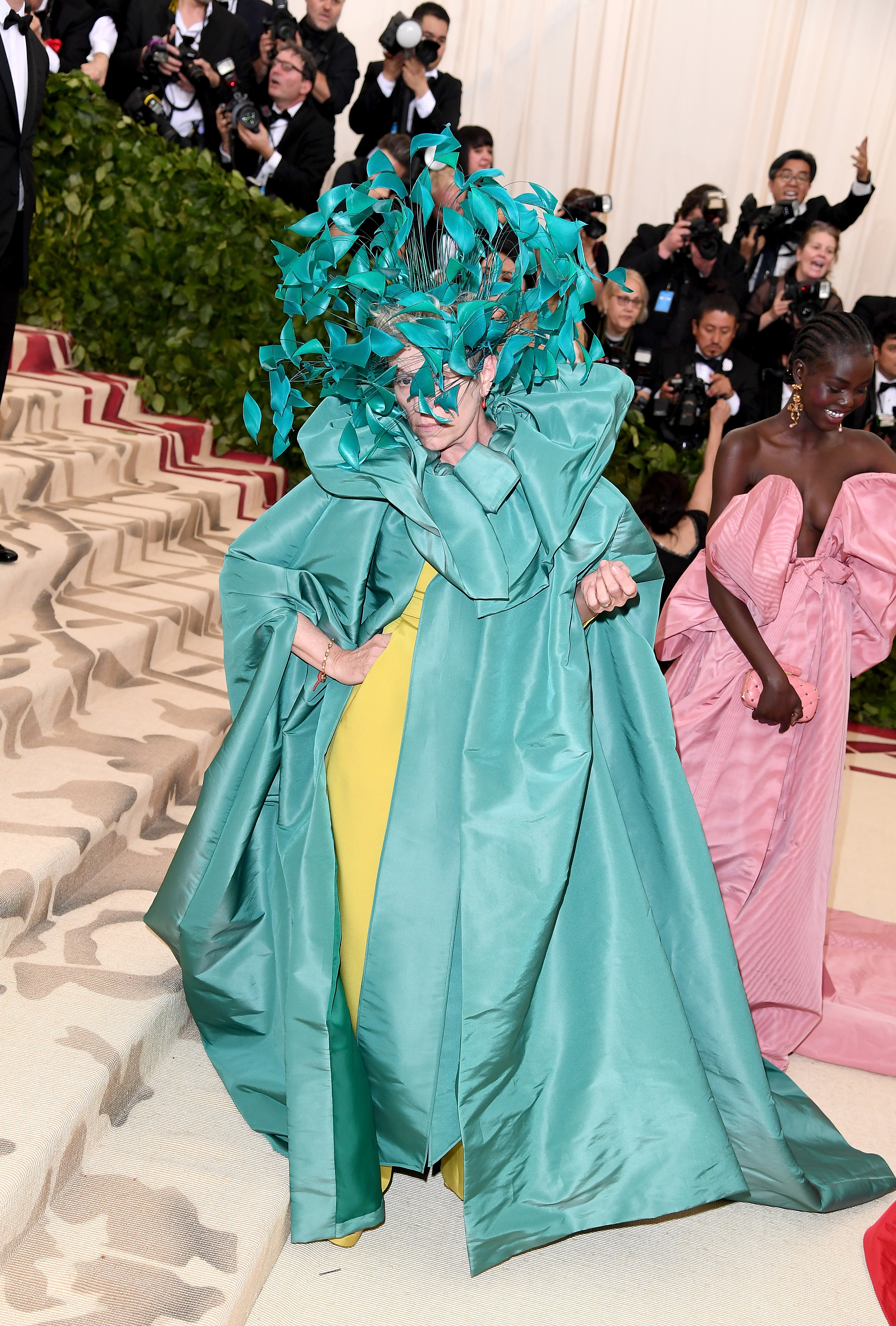 Frances McDormand wearing a blue and yellow Valentino dress