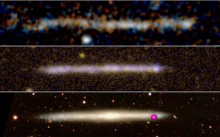 Top panel: Image of a supposed runaway supermassive black hole trailing a chain of infant stars, as observed with the Hubble Space Telescope. The image shows emission in the ultraviolet part of the spectrum. Middle: Ultraviolet image of a local galaxy without a bulge and observed edge-on (IC 5249), showing obvious similarities. Bottom: The same galaxy, IC 5249, observed in the visible part of the spectrum. The spatial scales of the three images are identical.