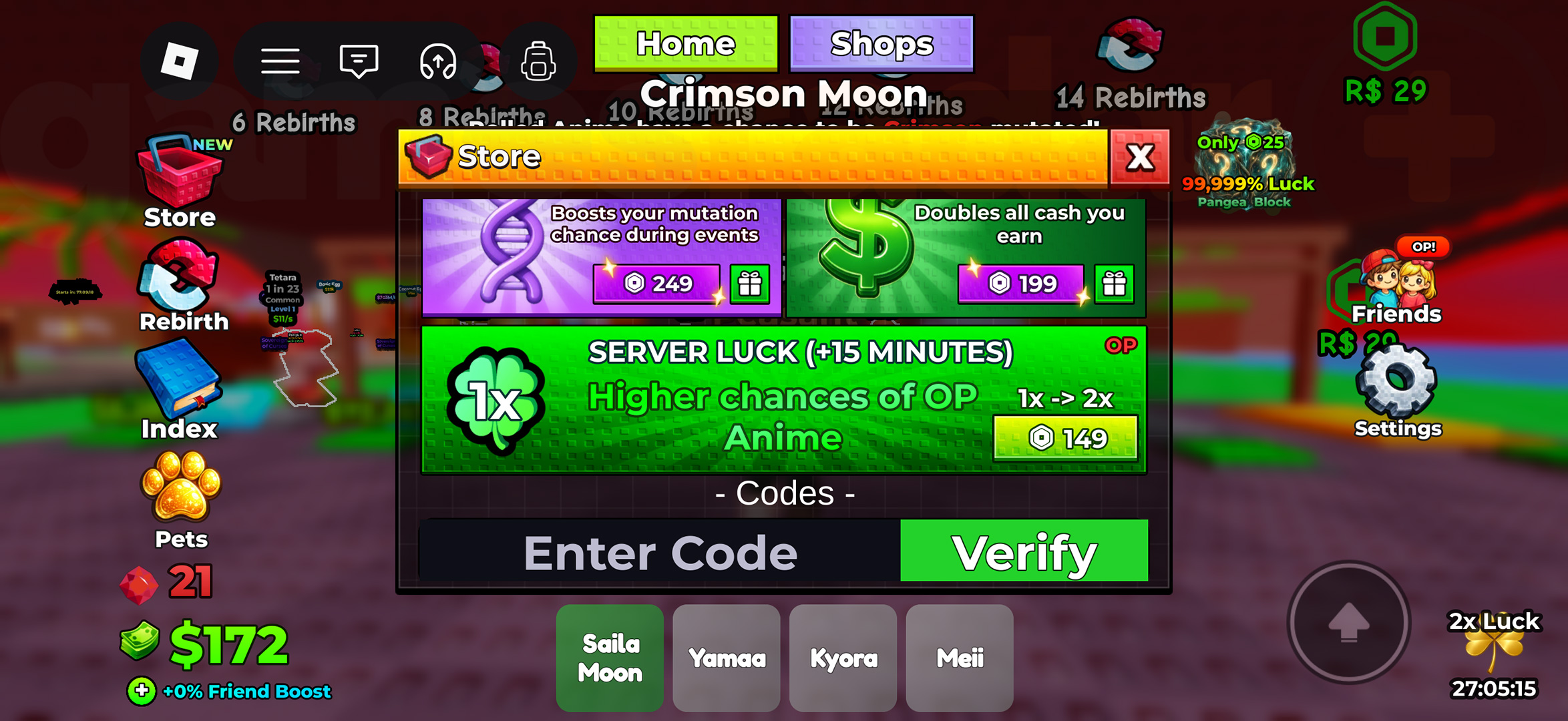 The menu to redeem Roll an Anime codes