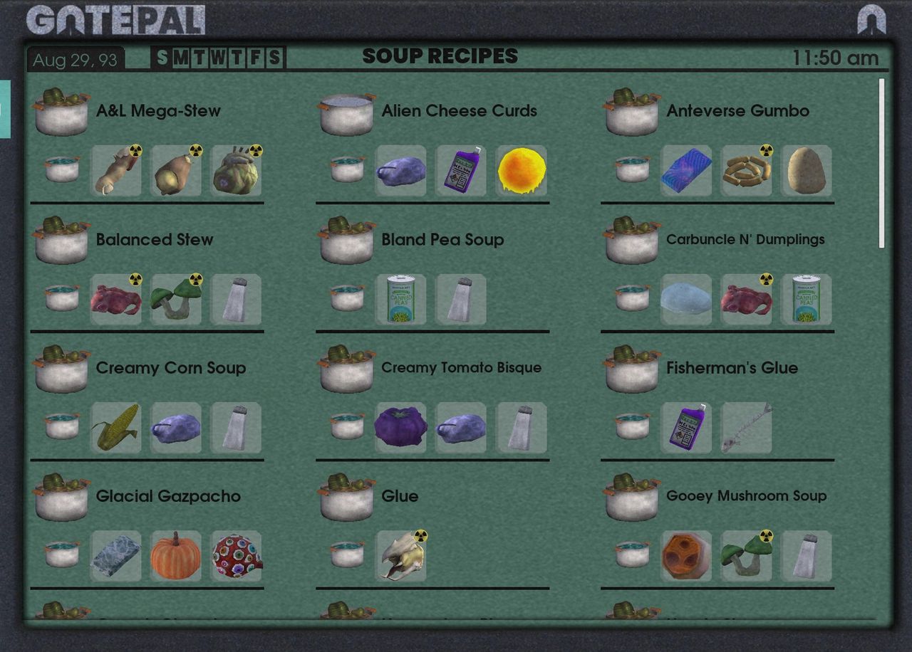 The GATEPAL Journal from Abiotic Factor, showing one page of four in the game's soup recipe list.